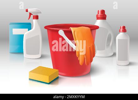 Household cleaning products composition with realistic detergent bottles and plastic bucket vector illustration Stock Vector
