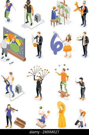 Set with isolated human characters of street artists with isometric icons of performance tools and materials vector illustration Stock Vector