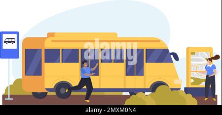 Flat public transport background with two human characters bus and city map vector illustration Stock Vector