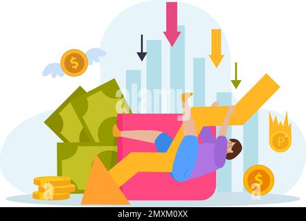 Financial crisis business failure flat concept with falling person images of coins banknotes and arrows down vector illustration Stock Vector