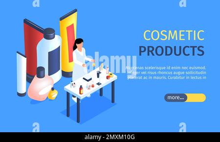 Cosmetic products horizontal banner with female character representing items for hygiene spa skin care and perfume isometric vector illustration Stock Vector