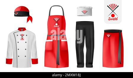 Realistic culinary clothing sushi icon set mens tunic pants apron headscarf and napkin of sushi chef vector illustration Stock Vector