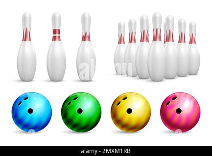 Realistic ball bowling icon set pins in groups and individually different colors and weights billiard balls vector illustration Stock Vector