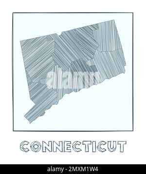 Sketch map of Connecticut. Grayscale hand drawn map of the us state. Filled regions with hachure stripes. Vector illustration. Stock Vector