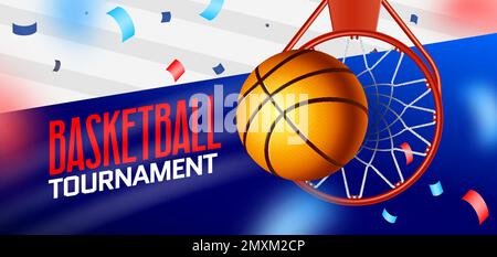 Realistic sport basketball poster with big headline a ball falling into a basketball hoop vector illustration Stock Vector