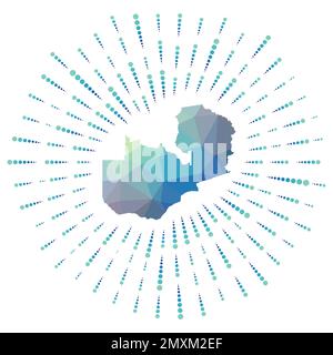 Shape of Zambia, polygonal sunburst. Map of the country with colorful star rays. Zambia illustration in digital, technology, internet, network style. Stock Vector