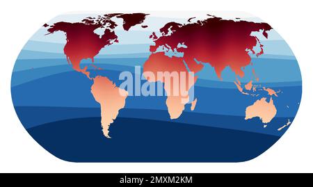 World Map Vector. Natural Earth projection. World in red orange gradient on deep blue ocean waves. Captivating vector illustration. Stock Vector