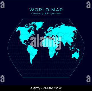 Map of The World. Ginzburg VIII projection. Futuristic Infographic world illustration. Bright cyan colors on dark background. Radiant vector illustrat Stock Vector