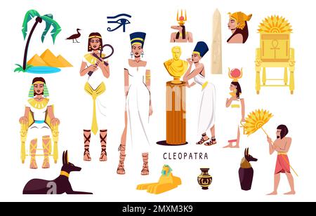 Cleopatra flat set of cultural symbols of ancient egypt so as obelisk all seeing eye gods isolated vector illustration