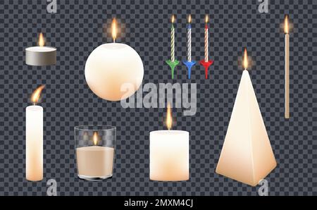 Set with isolated candles realistic icons on transparent background with burning flames and different base shape vector illustration Stock Vector