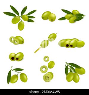 Set with green olives realistic icons with isolated images of ripe olives leaves slices and stick vector illustration Stock Vector