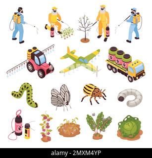 Isometric farming and argiculture pest control icons set isolated vector illustration Stock Vector