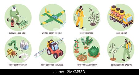 Isometric agriculture pest control compositions set with farm workers and equipment isolated vector illustration Stock Vector
