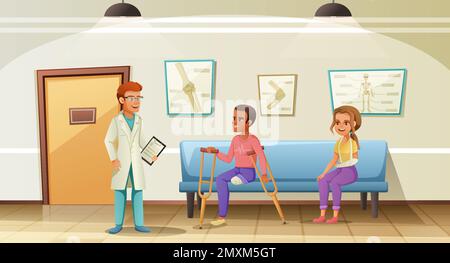 Disabled people man with amputated leg and woman with broken arm in waiting room with doctor cartoon vector illustration Stock Vector