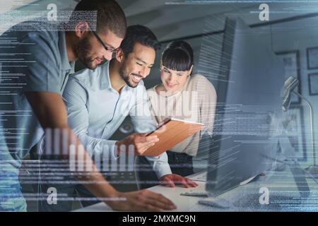 Business people, coding and information technology with computer screen and tablet, programming and software development. Code overlay, futuristic and Stock Photo