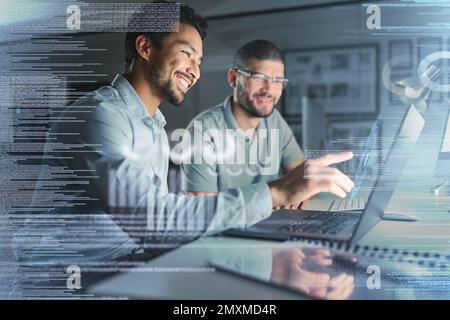Teamwork, laptop hologram and people with data analytics, cyber security research and cloud computing. Coding, programming and developer business men Stock Photo