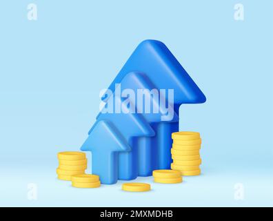 3d Blue up arrow and coin stacks Stock Vector