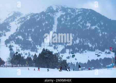 Panoramic view of the great mountains of the Pyrenees with ski slopes on its slopes, Grandvalira, Andorra. Stock Photo
