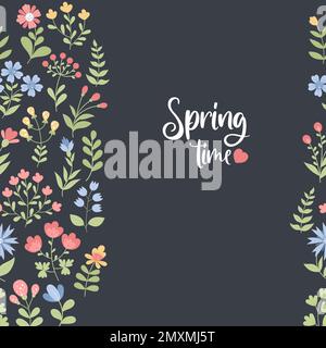 Spring time. Floral seamless pattern. Decorative flowers on black background. Vector illustration in flat style. Floral endless background for design, Stock Vector