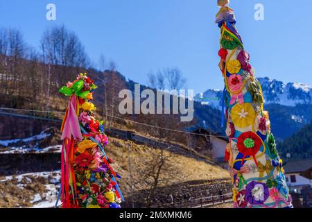 Valfloriana, Italy - February 26, 2022: Traditional costume hats, in the Valfloriana carnival, Trentino, Northern Italy Stock Photo