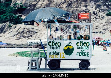 Rio de Janeiro, Brazil - February 3, 2023: Coconut stand next to the beach in Rio de Janeiro, Brazil Stock Photo