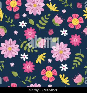Seamless pattern with beautiful flowers and leaves on blue background Stock Vector