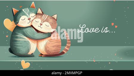 Vector illustration of cute cats in love cartoon style. Pets in love hugging each other. Red heart. Valentine Day card, love card, greeting card with inscription You are purr-fect for me Stock Vector