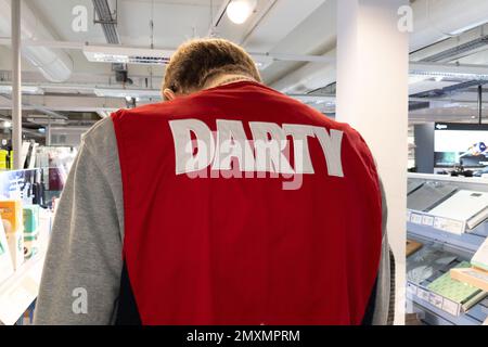 Bordeaux , Aquitaine  France - 30 01 2023 : Darty text sign and brand store red logo of electronic cultural retailer french shop on the back of the ap Stock Photo