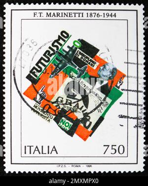 MOSCOW, RUSSIA - FEBRUARY 2, 2023: Postage stamp printed in Italy shows Centenary of Birth of Filippo Tommaso Marinetti (1876-1944), Italian artistic Stock Photo