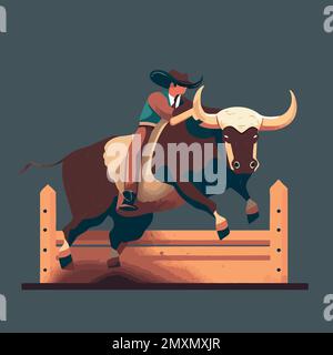 A bull rider holds tight as he rides the bucking bull in a rodeo arena ...
