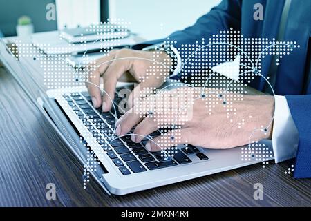 Wholesale and logistics concept. Man using laptop in office, world map illustration on foreground Stock Photo