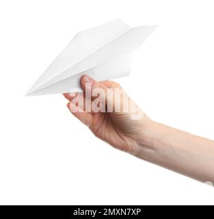 Woman holding paper plane on white background, closeup Stock Photo