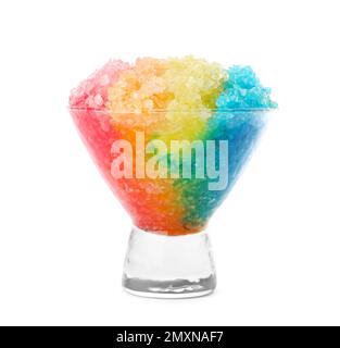 Rainbow shaving ice in glass dessert bowl isolated on white Stock Photo