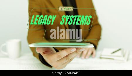Sign displaying Legacy Systems. Conceptual photo old method technology computer system or application program Stock Photo