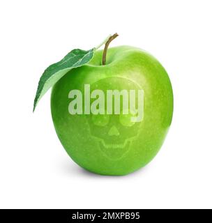 Green poison apple with skull image on white background Stock Photo