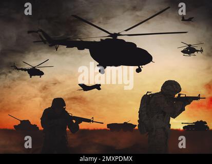 Silhouettes of soldier on sunset background. Military service concept Stock  Photo - Alamy