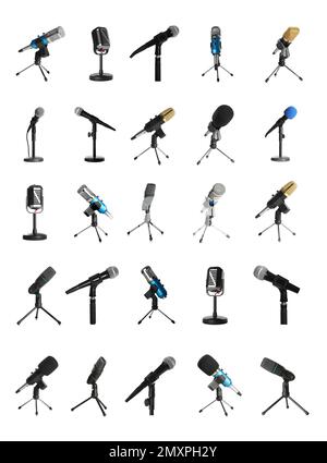Set of different microphones on white background Stock Photo