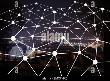 Machine learning concept. Digital web over blurred night cityscape Stock Photo