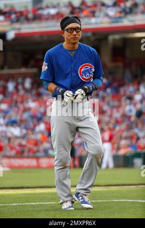 Chicago Cubs' Munenori Kawasaki walks in the dugout during a baseball game  against the Pittsburgh Pirates in Pittsburgh, Sunday, July 10, 2016.  Kawasaki did not play in the game and the Cubs