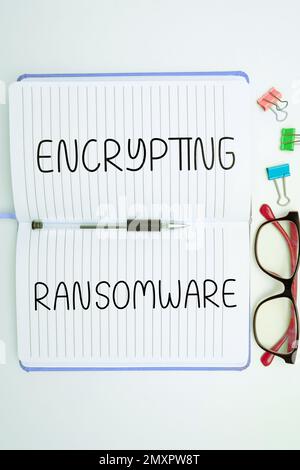 Handwriting text Encrypting Ransomware. Business approach protect confidential data from attackers with access Stock Photo