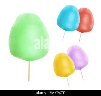 Collage with sweet cotton candy on white background Stock Photo