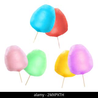 Collage with sweet cotton candy on white background Stock Photo