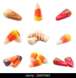 Set of delicious candy corns on white background Stock Photo