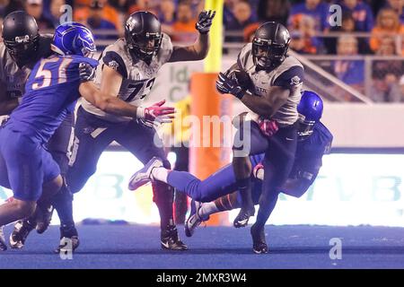 Boise State defensive end Jabril Frazier (8) hits Wyoming quarterback Josh  Allen (17) as he releases the football for an incomplete pass during an  NCAA college football game Saturday, Oct. 21, 2017