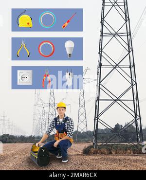 Set of tools over young electrician in field Stock Photo