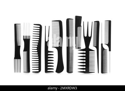 Set of professional hair combs isolated on white, top view Stock Photo