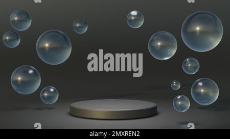 White round podium with air bubbles on greywater surface. Mock up empty geometric stage, platform with soap spheres or water drops for product ad pres Stock Photo