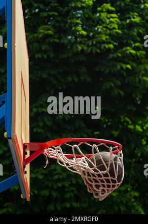 A basketball in the net. The fly ball is in the ring. A sports game. Conceptual: victory, success, hitting the target, sport. Successful ball throw. Stock Photo