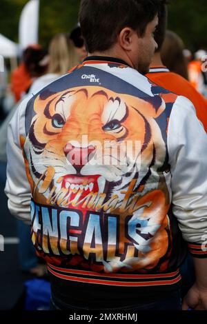 Cincinnati Bengals fans show off their Bengals gear as they