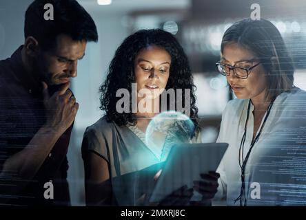 Hologram, programmer and business team planning global internet connection or innovation of technology in the night. Coding, IT and corporate people Stock Photo